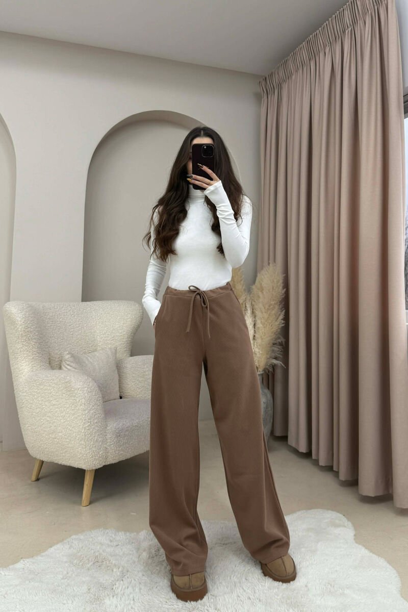 ONE COLOR LACING WAIST WOMEN TROUSERS BEIGE/BEZHE - 2