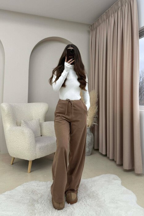 ONE COLOR LACING WAIST WOMEN TROUSERS BEIGE/BEZHE - 4