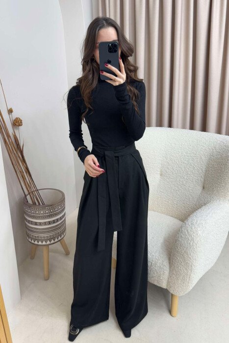 ONE COLOR LACING WIDE LEG WOMEN TROUSERS BLACK/ E ZEZE - KLAUDIO FASHION