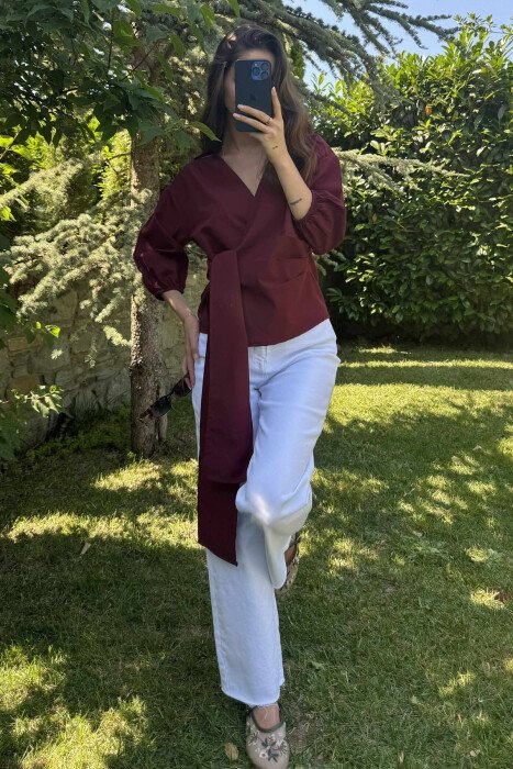 ONE COLOR LACING WOMEN SHIRT BURGUNDY/VISHNJE - KLAUDIO FASHION