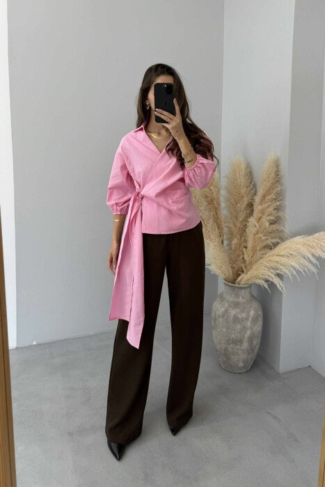 ONE COLOR LACING WOMEN SHIRT PINK/ROZE - KLAUDIO FASHION