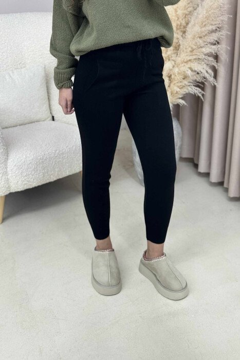 ONE COLOR LACINGS KNIT WOMEN TROUSERS BLACK/ E ZEZE - 1