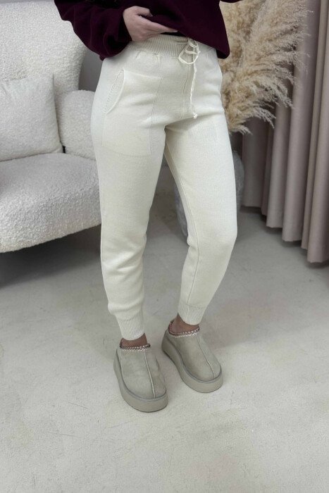 ONE COLOR LACINGS KNIT WOMEN TROUSERS CREAM/KREM - KLAUDIO FASHION