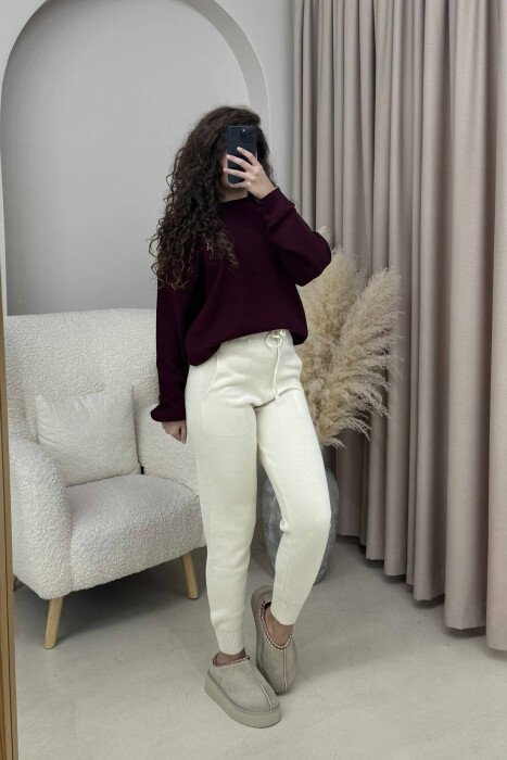 ONE COLOR LACINGS KNIT WOMEN TROUSERS CREAM/KREM - 4