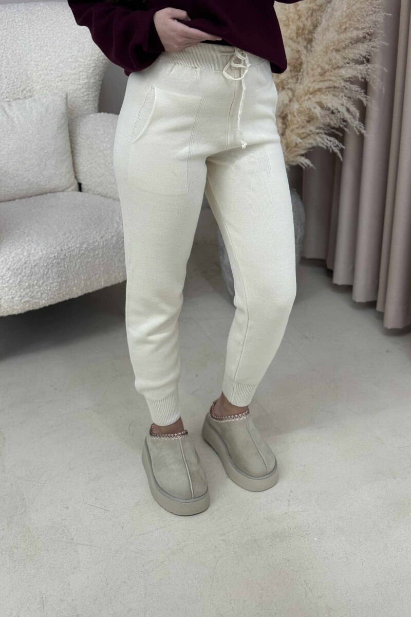 ONE COLOR LACINGS KNIT WOMEN TROUSERS CREAM/KREM - 1