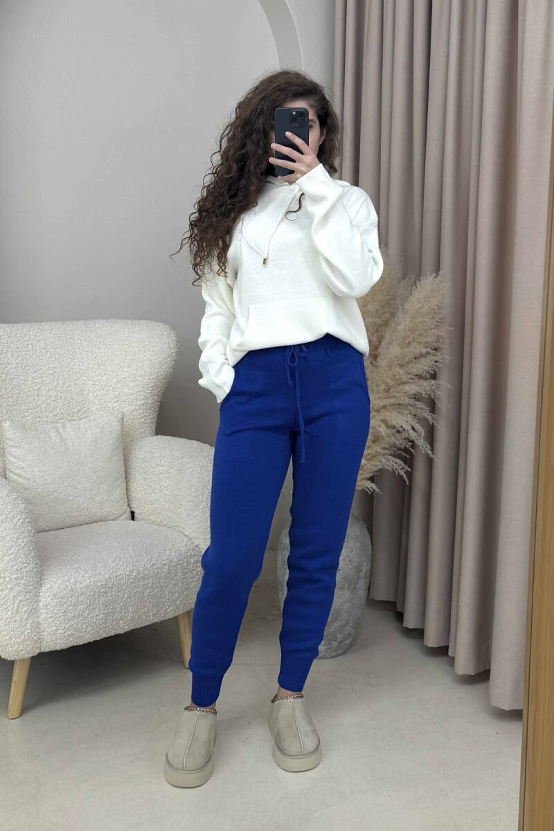 ONE COLOR LACINGS KNIT WOMEN TROUSERS DARK BLUE/BEE - 2