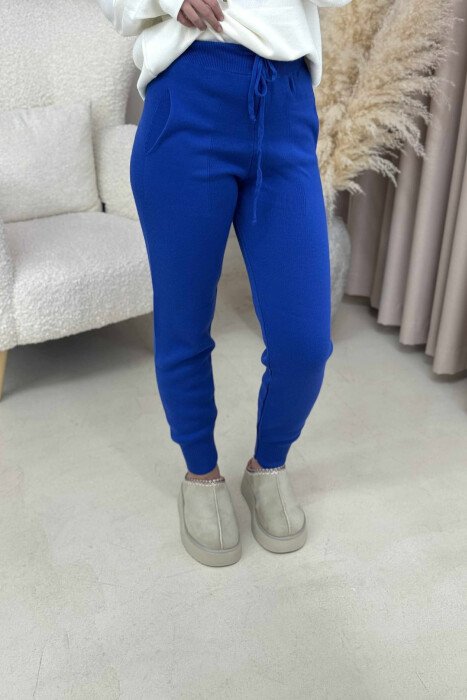 ONE COLOR LACINGS KNIT WOMEN TROUSERS DARK BLUE/BEE - 1