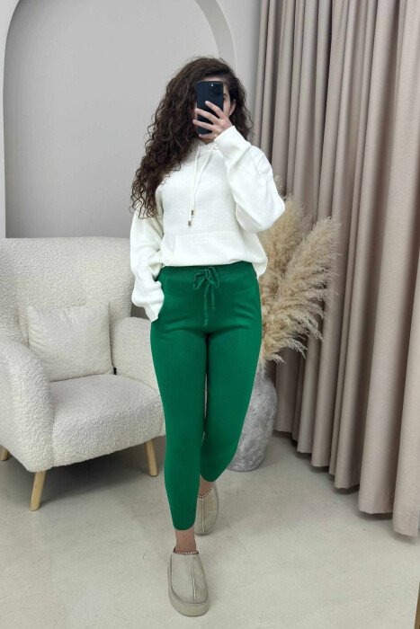 ONE COLOR LACINGS KNIT WOMEN TROUSERS GREEN/JESHILE - 2