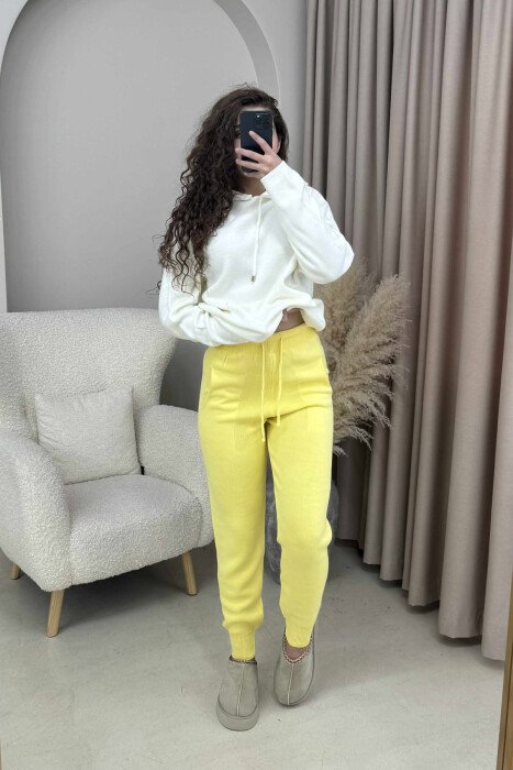 ONE COLOR LACINGS KNIT WOMEN TROUSERS LEMON/ LIMON - 2