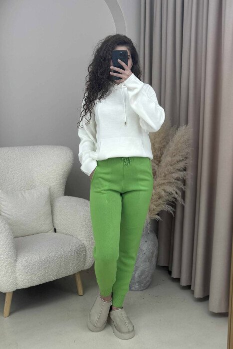 ONE COLOR LACINGS KNIT WOMEN TROUSERS LIGHT GREEN/JEZB - 2