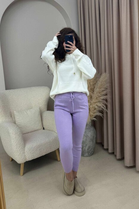 ONE COLOR LACINGS KNIT WOMEN TROUSERS LIGHT PURPLE/LEZB - 3