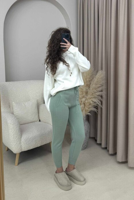 ONE COLOR LACINGS KNIT WOMEN TROUSERS MINT/MENTE - 2