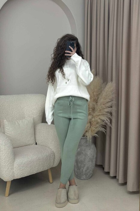 ONE COLOR LACINGS KNIT WOMEN TROUSERS MINT/MENTE - 3