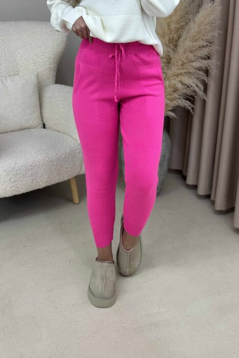 ONE COLOR LACINGS KNIT WOMEN TROUSERS PINK/ROZE - 1
