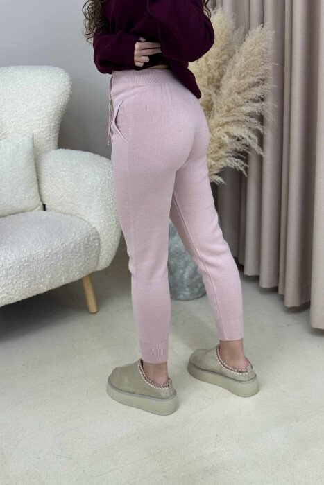 ONE COLOR LACINGS KNIT WOMEN TROUSERS POWDER/PUDER - 4