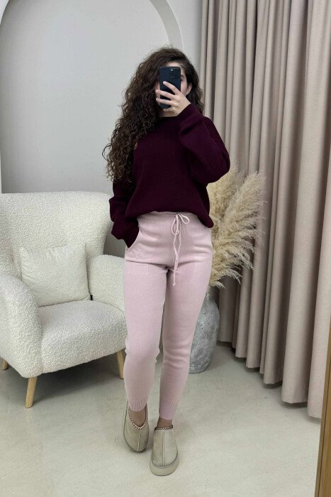 ONE COLOR LACINGS KNIT WOMEN TROUSERS POWDER/PUDER - 3