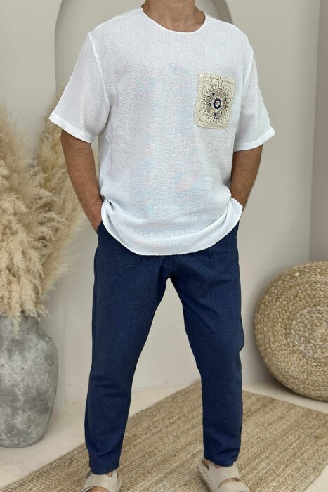 PANTALLONA NJË NGJYRËSHE ME DETAJIN E LIDHSES PËR MESHKUJ NË NGJYRËN BLU E ERRËT - KLAUDIO FASHION