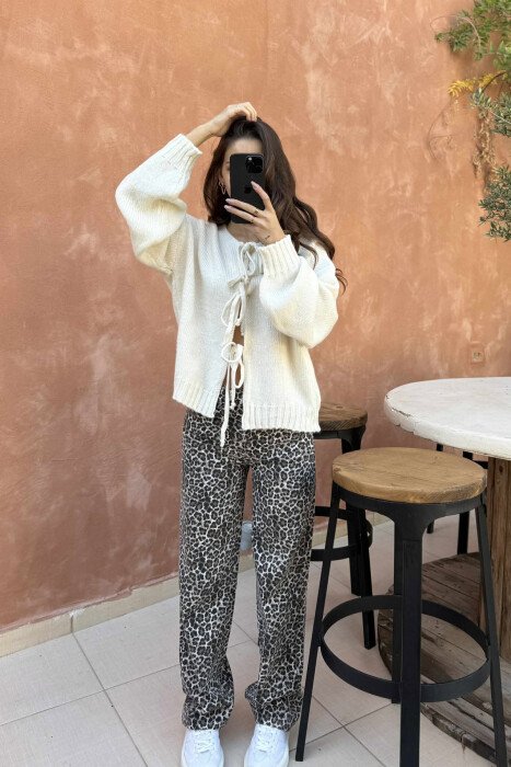 ONE COLOR LACINGS WOMEN CARDIGAN CREAM/KREM - 2