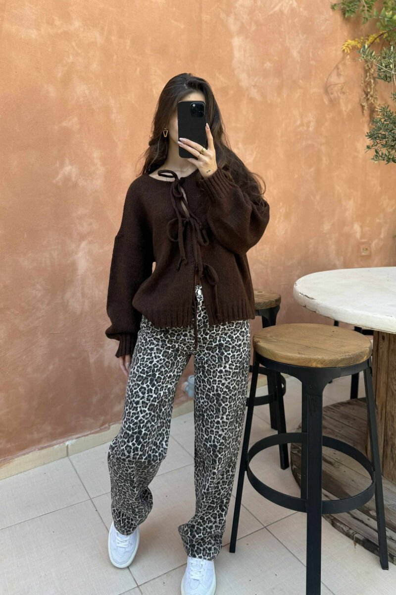 ONE COLOR LACINGS WOMEN CARDIGAN DARK BROWN/KAE - 1