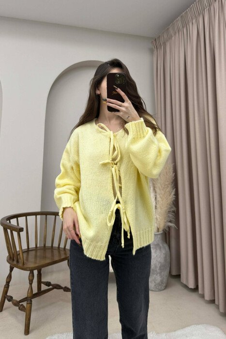 ONE COLOR LACINGS WOMEN CARDIGAN YELLOW/E VERDHE - KLAUDIO FASHION