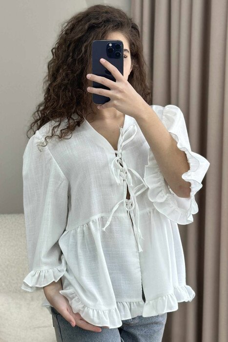 ONE COLOR LACINGS WOMEN SHIRT WHITE-E BARDHE - KLAUDIO FASHION