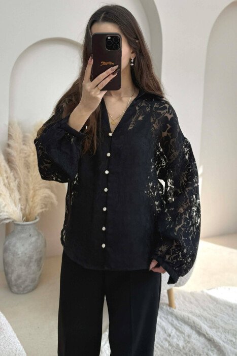 ONE COLOR LACY DESIGN WOMEN SHIRT BLACK/ E ZEZE - 1