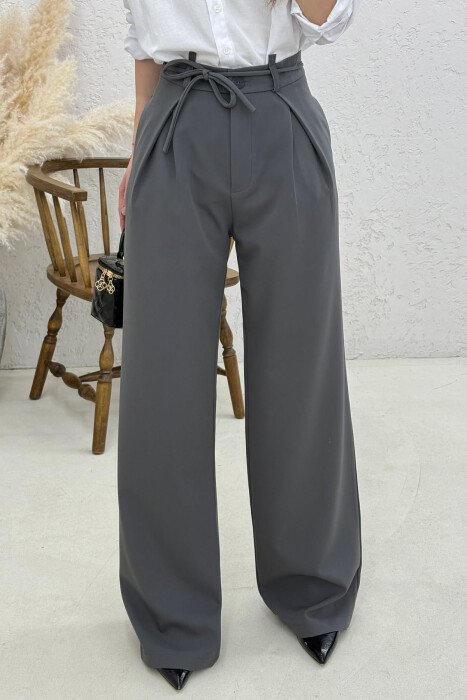 ONE COLOR LEACING BELT WOMAN TROUSERS DARK GREY/GEE - 4