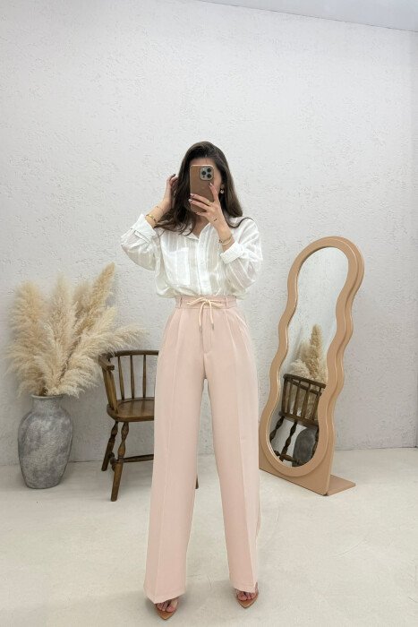 ONE COLOR LACING DETAIL SEMI ELASTIC WAIST WOMAN TROUSERS BEIGE/BEZHE 