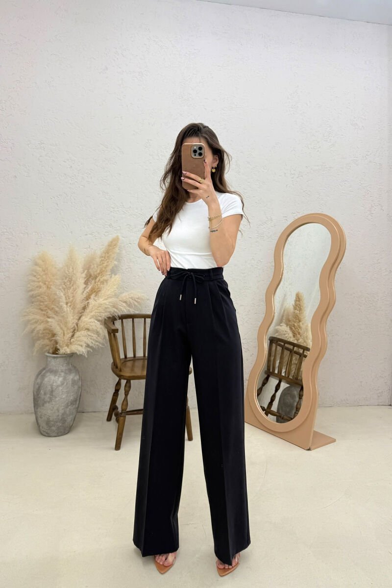 ONE COLOR LACING DETAIL SEMI ELASTIC WAIST WOMAN TROUSERS BLACK/ E ZEZE - 1