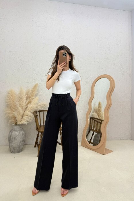 ONE COLOR LACING DETAIL SEMI ELASTIC WAIST WOMAN TROUSERS BLACK/ E ZEZE - 4