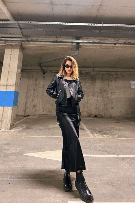 ONE COLOR LEATHER BELTED WOMEN JACKET BLACK/ E ZEZE - 