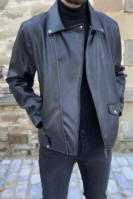 ONE COLOR LEATHER BIKER MEN JACKET BLACK/ E ZEZE - 3