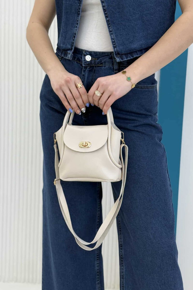 ONE COLOR LEATHER BUCKLE WOMEN BAG CREAM/KREM - 2