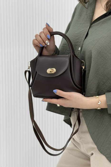 ONE COLOR LEATHER BUCKLE WOMEN BAG DARK BROWN/KAE - 4