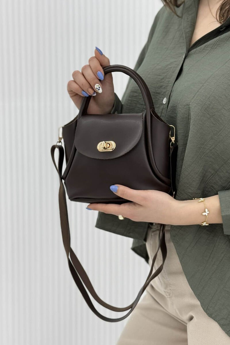 ONE COLOR LEATHER BUCKLE WOMEN BAG DARK BROWN/KAE - 4