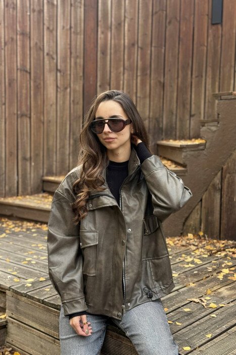 ONE COLOR LEATHER BUTTONED AND ZIPPER WOMEN JACKET LIGHT BROWN/KAZB - 1