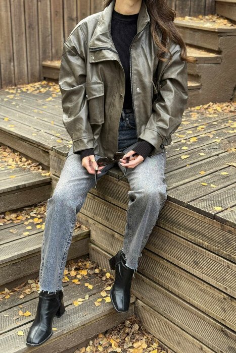 ONE COLOR LEATHER BUTTONED AND ZIPPER WOMEN JACKET LIGHT BROWN/KAZB - 2