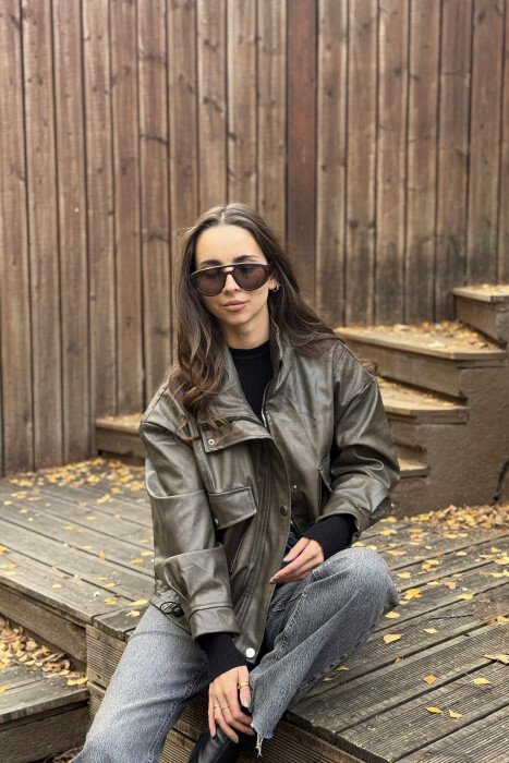 ONE COLOR LEATHER BUTTONED AND ZIPPER WOMEN JACKET LIGHT BROWN/KAZB - 3