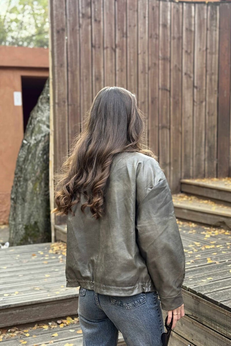 ONE COLOR LEATHER BUTTONED AND ZIPPER WOMEN JACKET LIGHT BROWN/KAZB - 4