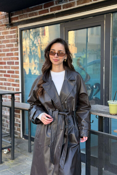 ONE COLOR LEATHER BUTTONED BELT DETAIL LONG WOMAN COAT BROWN/KAFE - KLAUDIO FASHION
