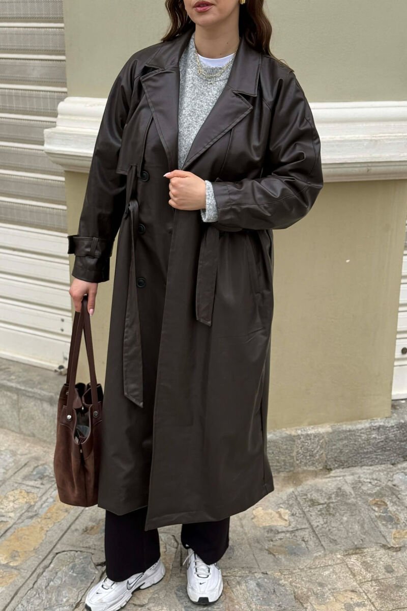 ONE COLOR LEATHER BUTTONED BELT DETAIL LONG WOMAN COAT BROWN/KAFE - 11