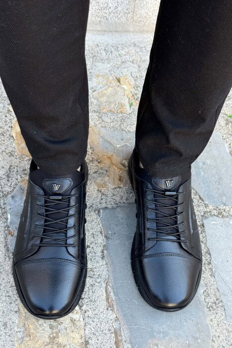 ONE COLOR LEATHER ELASTIC LACES MEN SHOES BLACK/ E ZEZE - 2