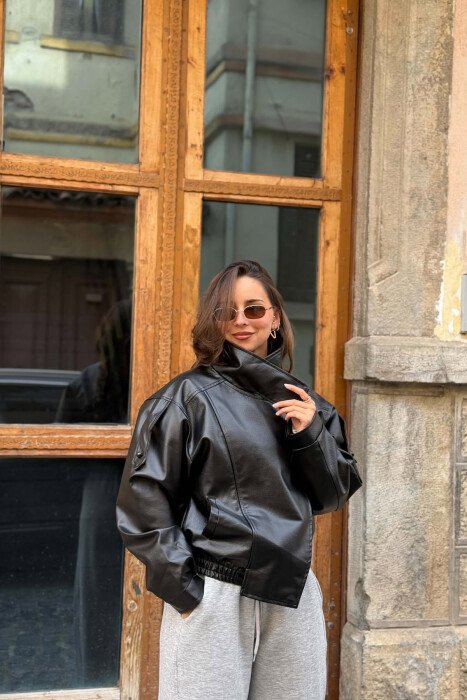 ONE COLOR LEATHER ELASTIC WAIST WOMAN JACKET BLACK/ E ZEZE 