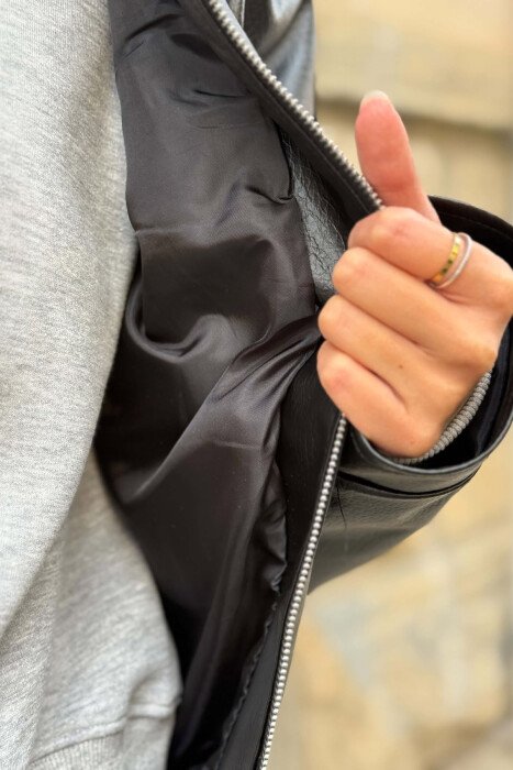 ONE COLOR LEATHER ELASTIC WAIST WOMAN JACKET BLACK/ E ZEZE - 2
