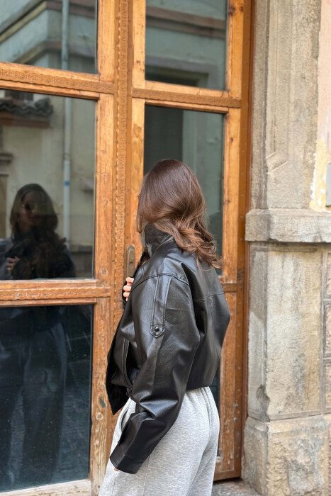 ONE COLOR LEATHER ELASTIC WAIST WOMAN JACKET BLACK/ E ZEZE - 3