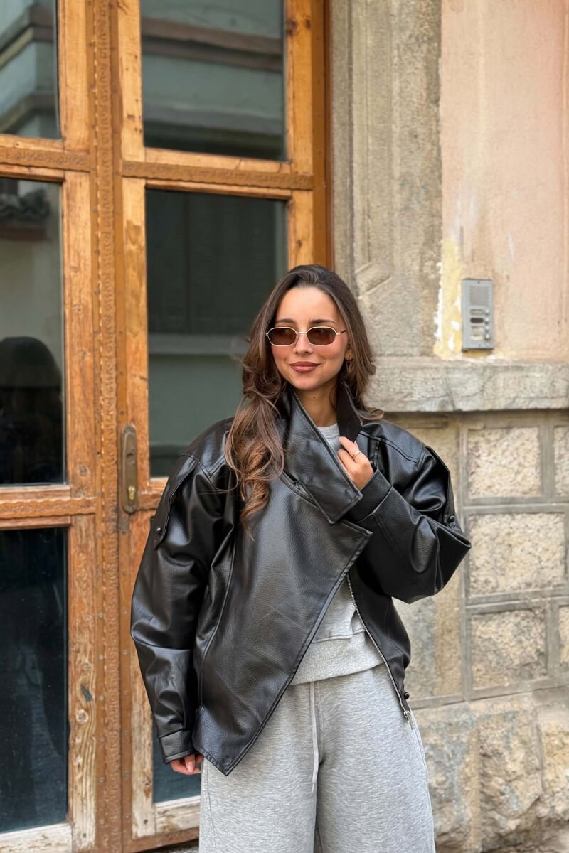 ONE COLOR LEATHER ELASTIC WAIST WOMAN JACKET BLACK/ E ZEZE - 4