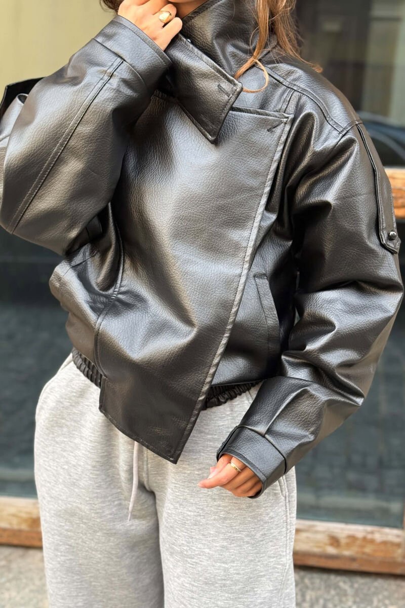 ONE COLOR LEATHER ELASTIC WAIST WOMAN JACKET BLACK/ E ZEZE - 6
