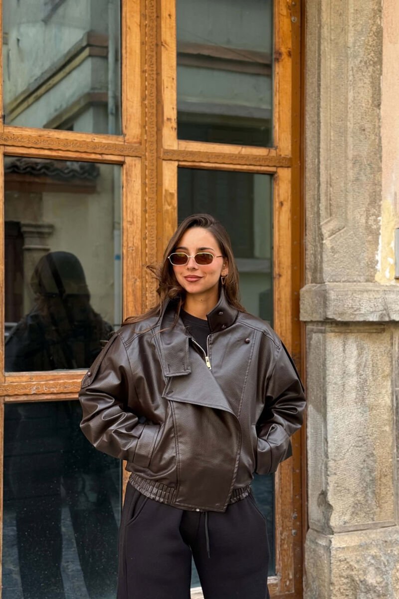 ONE COLOR LEATHER ELASTIC WAIST WOMAN JACKET DARK BROWN/KAE - 1