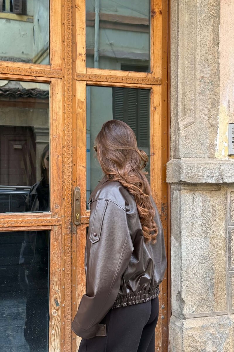 ONE COLOR LEATHER ELASTIC WAIST WOMAN JACKET DARK BROWN/KAE - 2