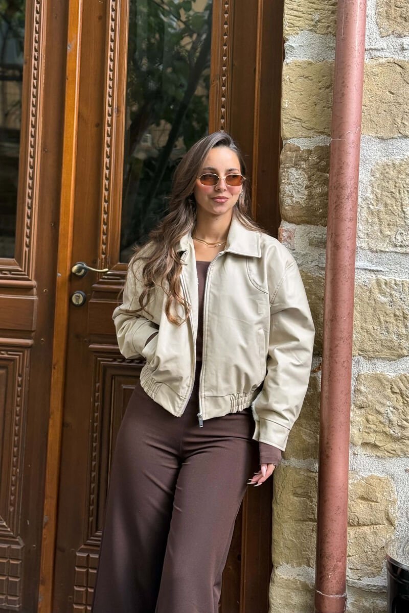 ONE COLOR LEATHER FLUFFY WOMAN JACKET BEIGE/BEZHE - 1